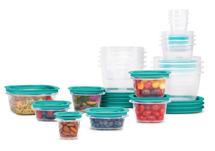 The containers in various sizes, featuring turquoise lids