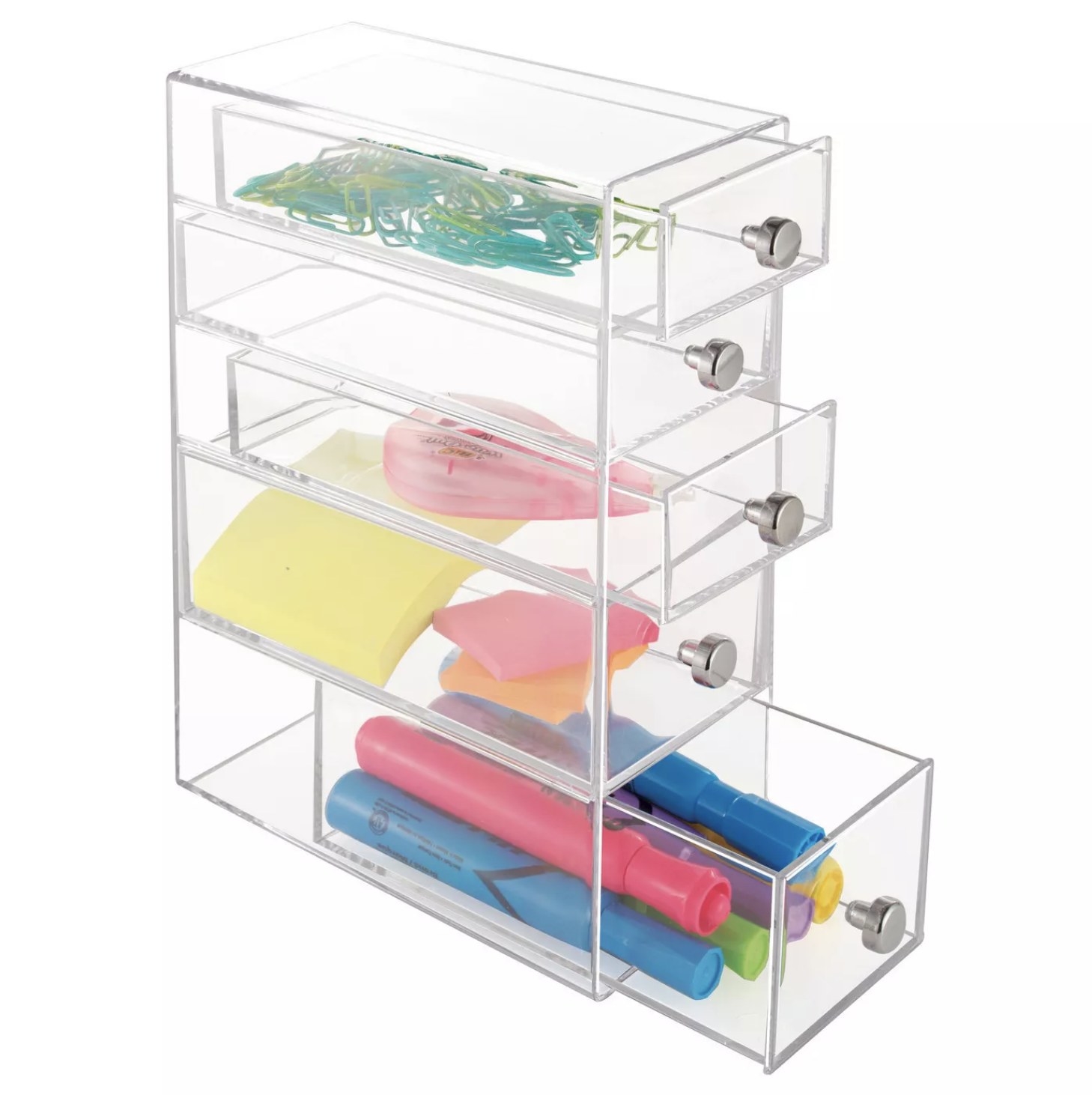 A clear, vertical set of drawers with three small drawers at the top holding paper clips, highlighters, sticky notes, and more