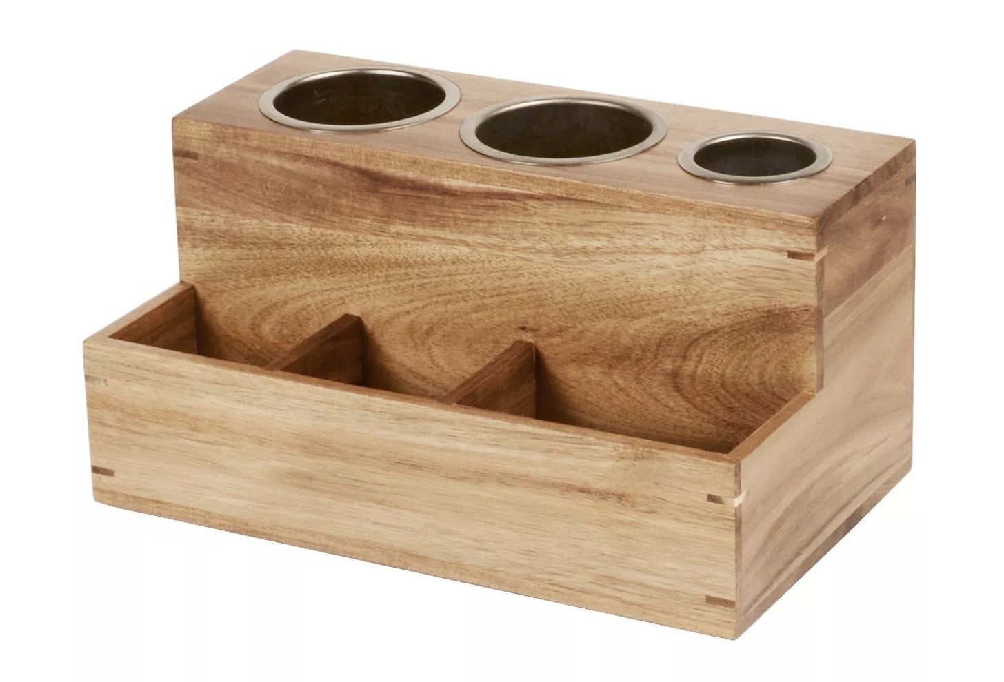 A wooden hair tool holder with three metallic cups and three divided segments
