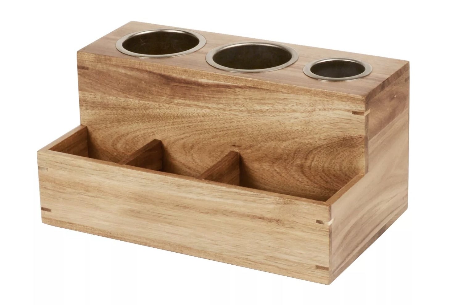 A wooden hair tool holder with three metallic cups and three divided segments
