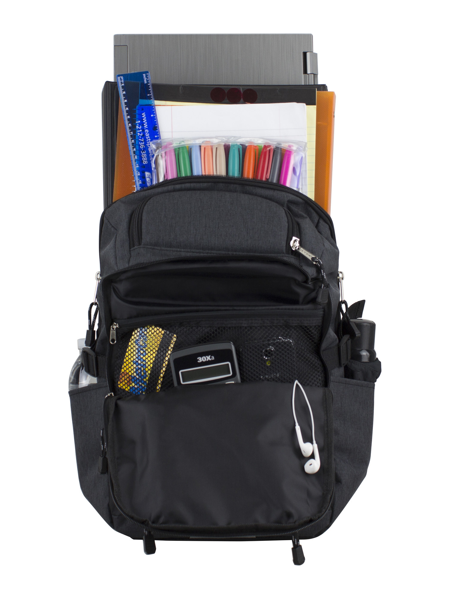 The backpack in black, featuring a variety of pockets for storage