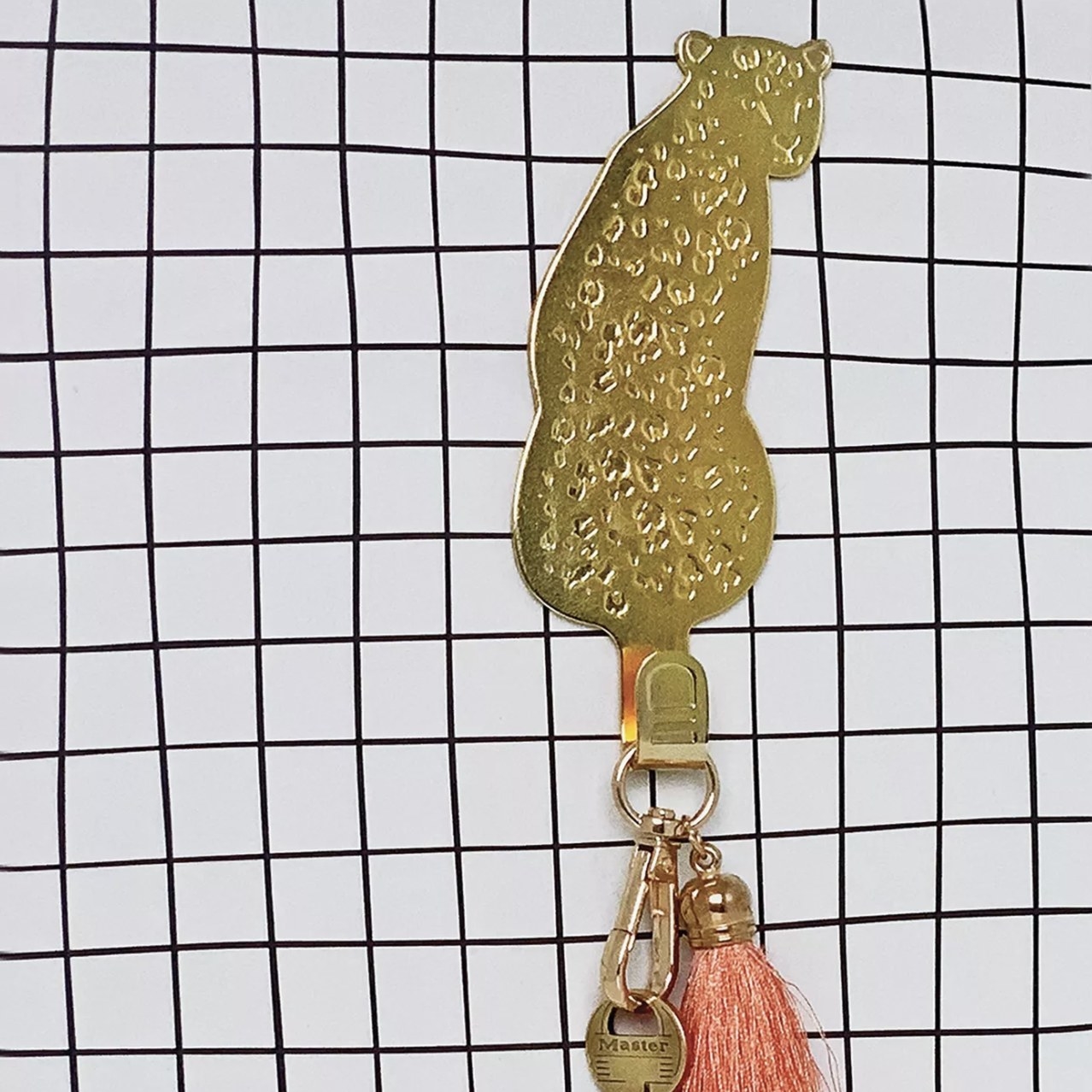 A cheetah hook against a checkered background holding a keychain
