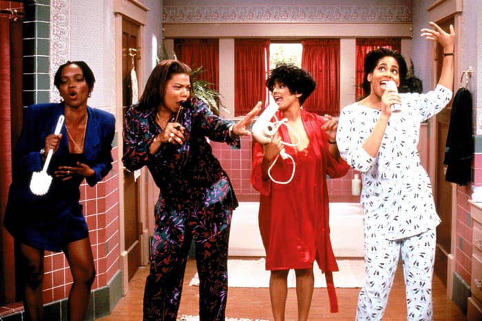 Max, Khadijah, Regine, and Sinclair all gather in the bathroom, using supplies as a microphone while singing