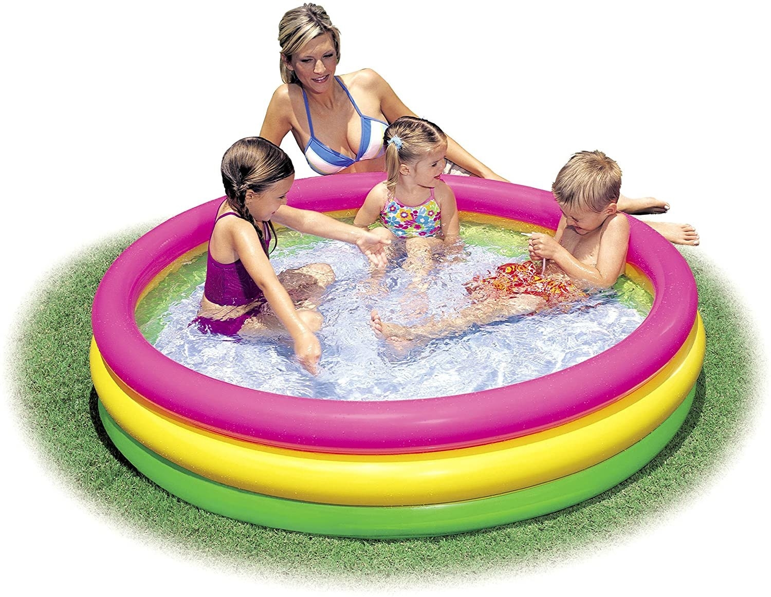 Three kids in the small pool; it has three tubes of green, yellow, and pink forming the walls