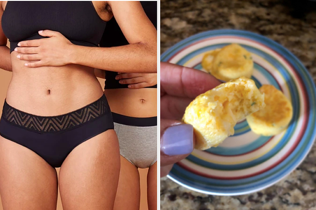 split thumbnail of Thinx period underwear, person holding up an egg bite