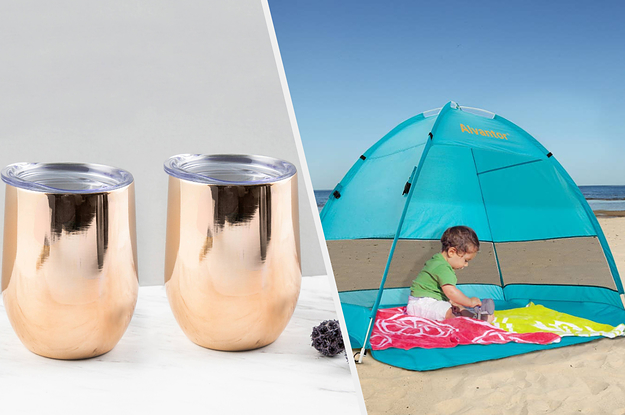 to the left: two gold wine tumblers, to the right: a tent for a baby on the beach