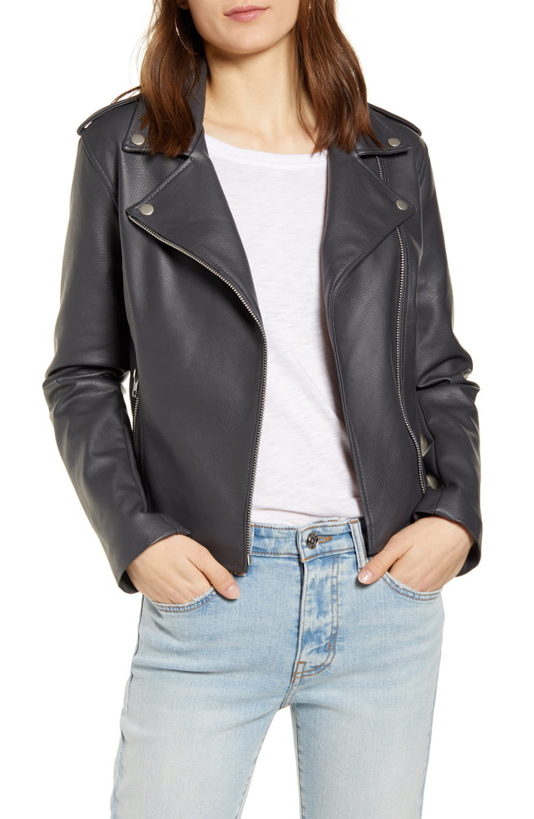 A model wears the BB Dakota Just Ride faux leather jacket