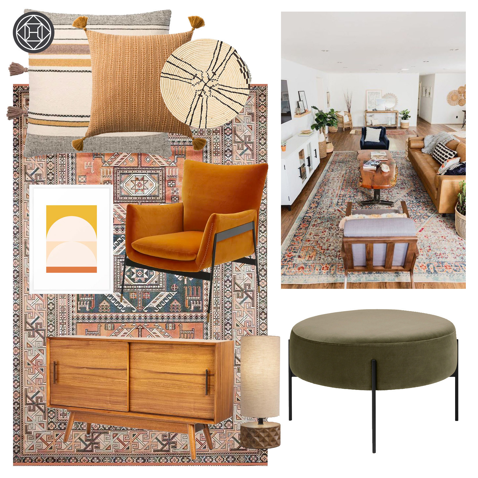 A design idea featuring a compilation of richly textured rugs and furniture with lots of warm tones like orange, yellow, and tan.