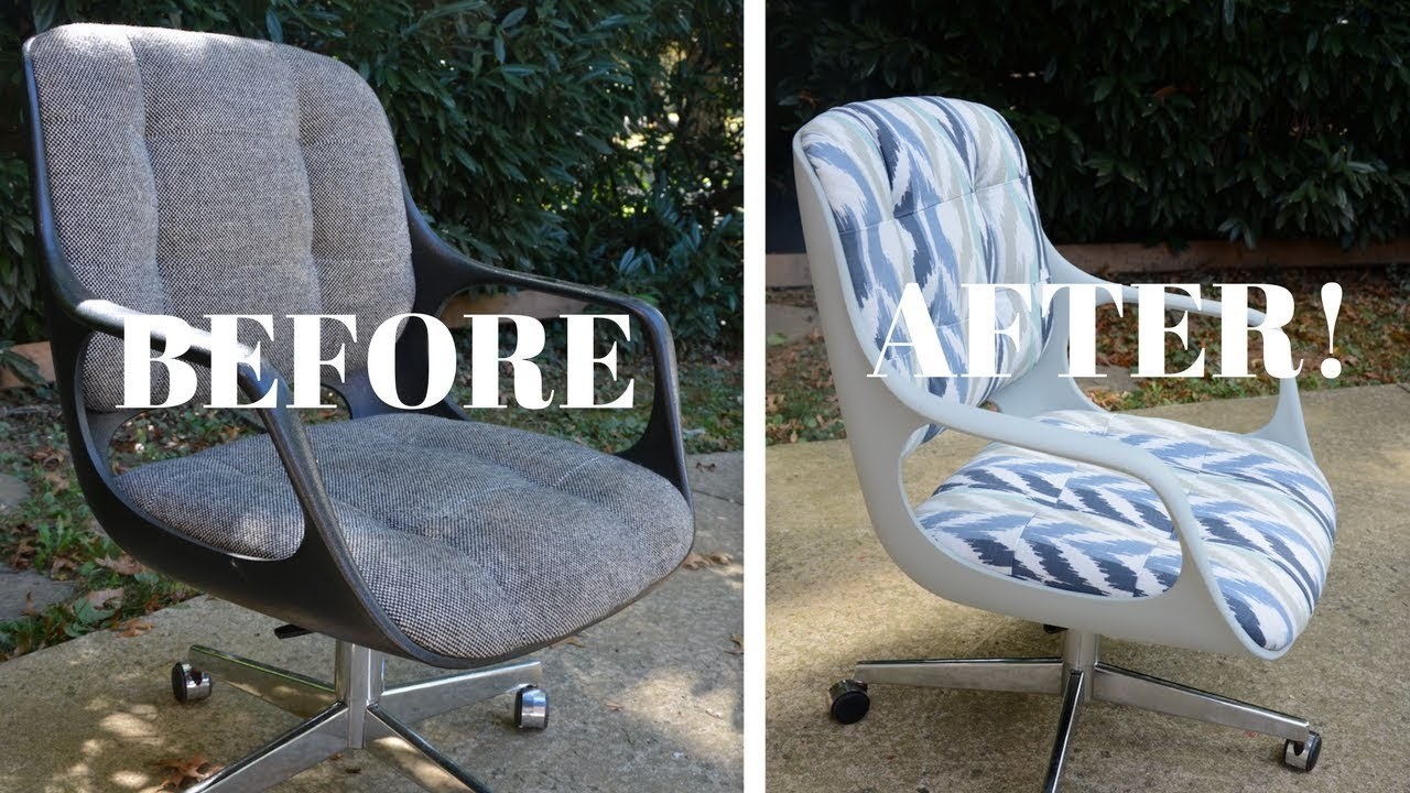 A before/after pic of a restored desk chair 