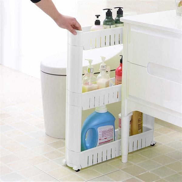 The shelving unit loaded with bathroom products