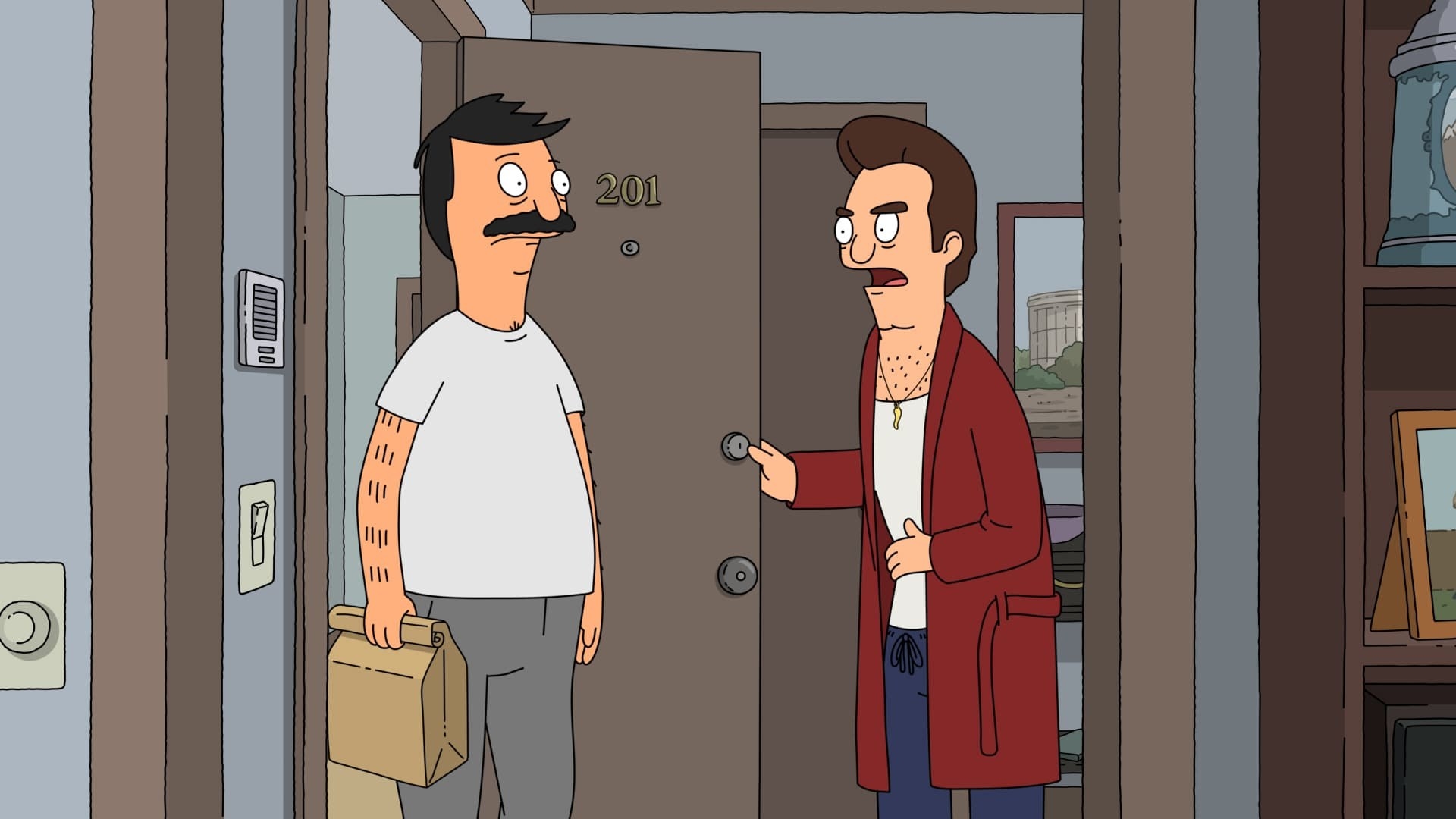 Bob is in the doorway of Pesto&#x27;s apartment holding a brown food bag. Pesto cradles his side in a red robe. 