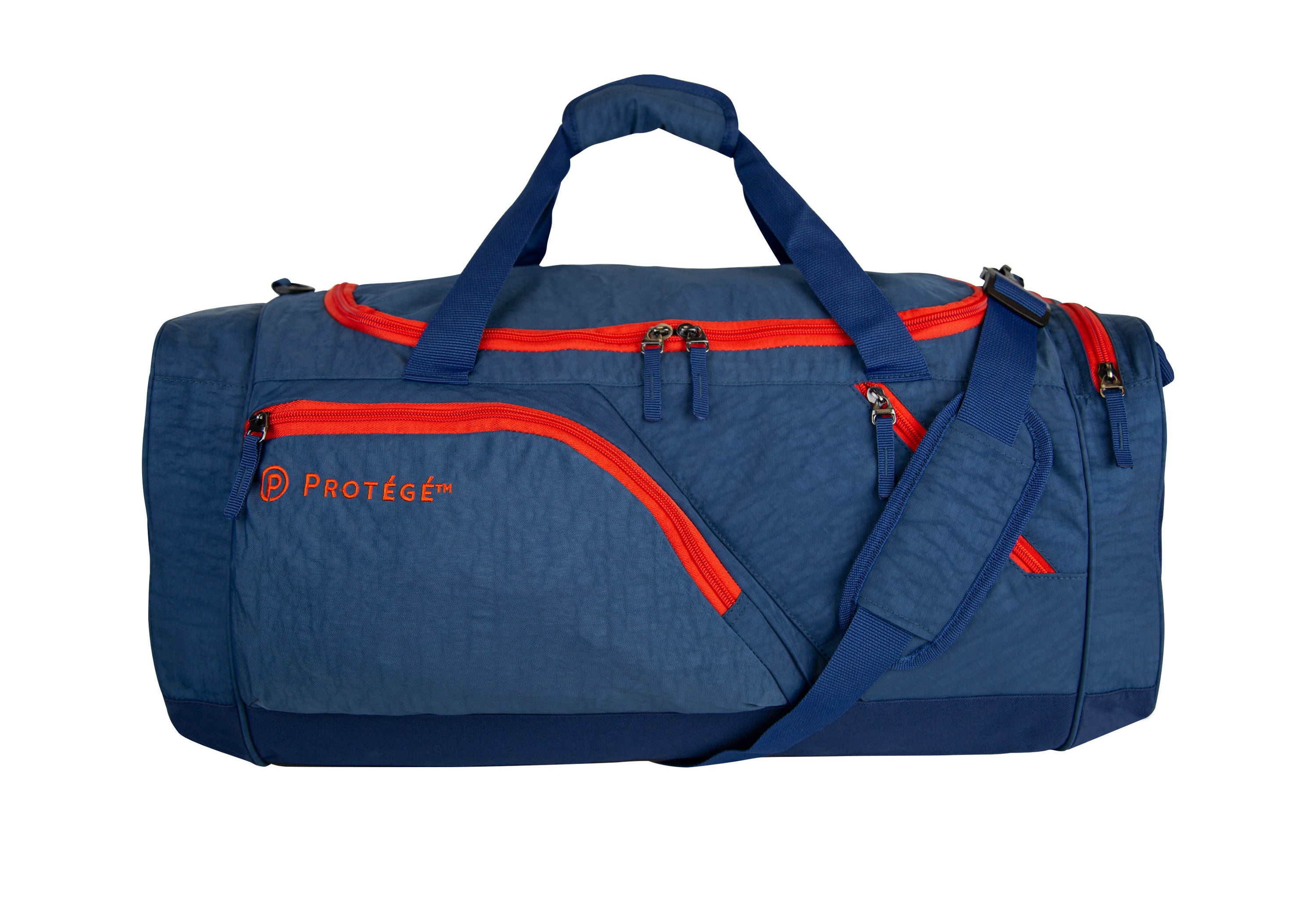 The duffle in blue with red accents, featuring a padded shoulder strap and carry straps