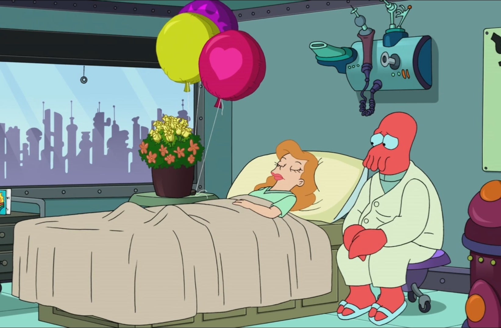 Marianne lies in a hospital bed with Zoidbeg, a big red squid, sits next to her looking worried.