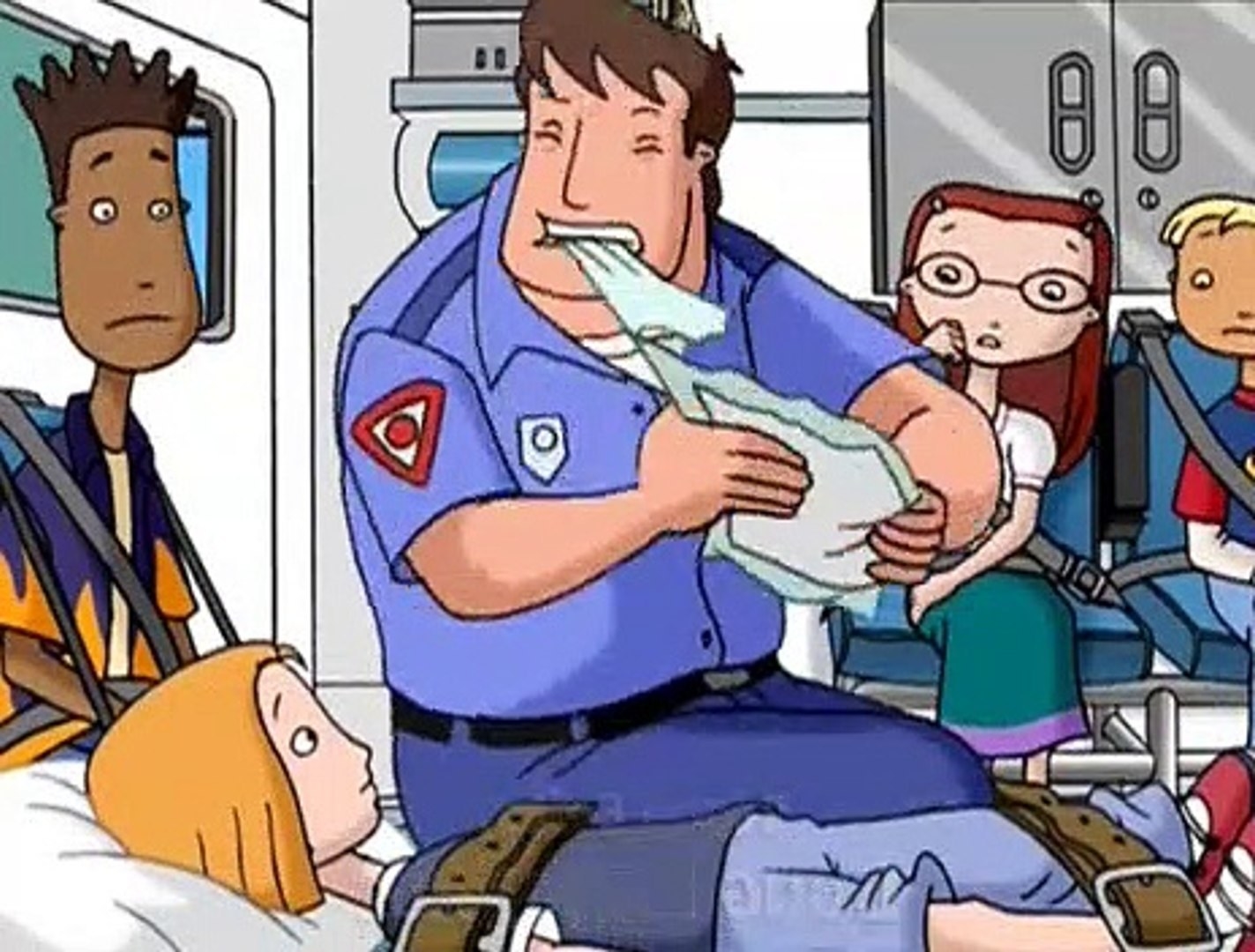 Lor is strapped to a gurney while a paramedic sits above her ripping open a white package with his teeth. Lor&#x27;s three friends sit around looking shocked.
