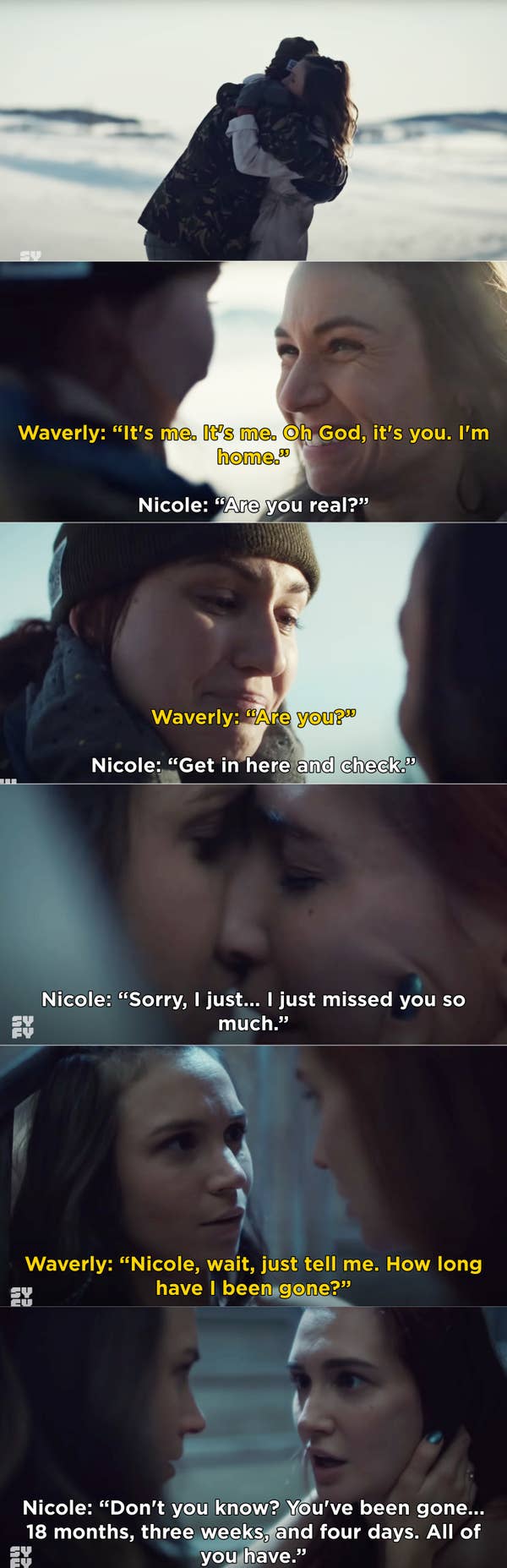 Nicole telling Waverly, &quot;Don&#x27;t you know? You&#x27;ve been gone... 18 months, three weeks, and four days. All of you have&quot;