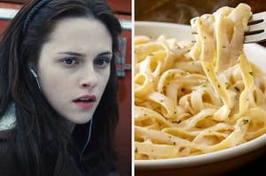 On the left, Kristen Stewart as Bella Swan in "Twilight," and on the right, a steaming bowl of fettuccine alfredo from Olive Garden 