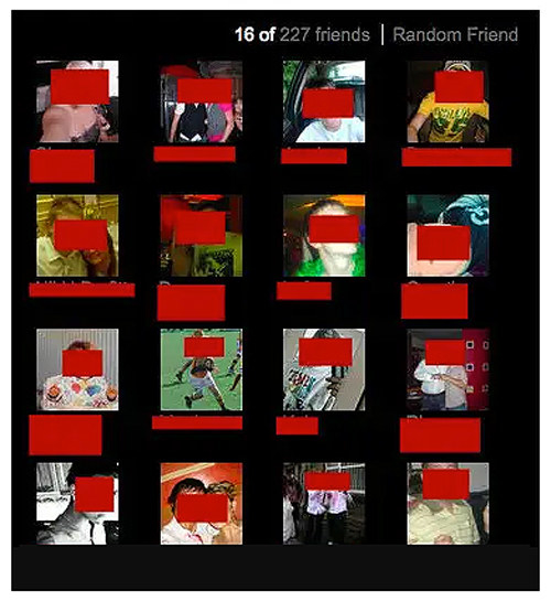 A screengrab from a Bebo page showing the top friends section with has 16 small square photos of people except their names and faces are blocked out. The text at the top reads 16 of 227 friends and then random friend