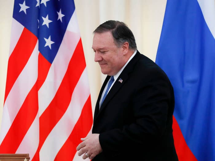 Secretary of State Mike Pompeo at a press conference with Russia&#x27;s foreign minister in May 2019