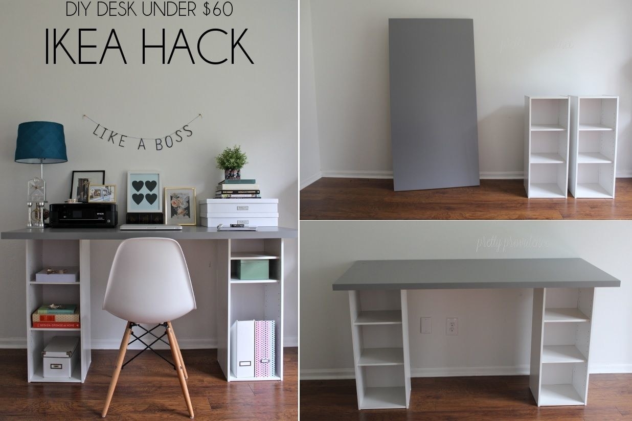A collage of three images, DIY, with two sets of bookshelves and a piece of wood stacked together into a desk shape. 