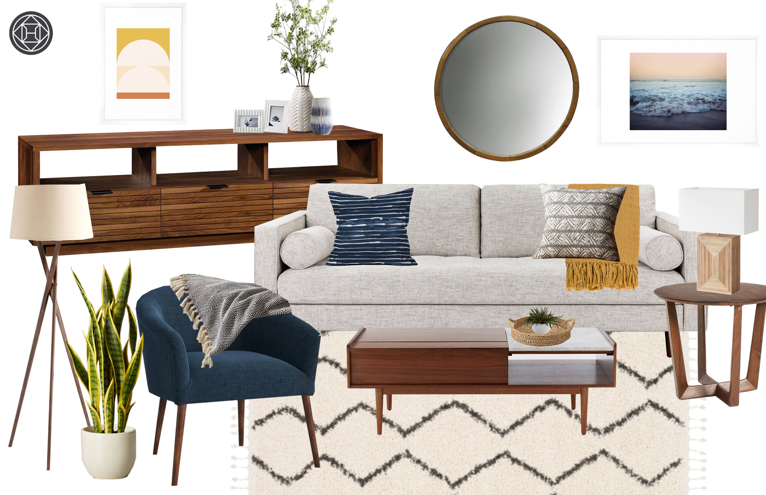 A concept board featuring a compilation of possible furniture items for the living room. Includes a wooden circular wall mirror, artwork, wood lamps, a stylish wood coffee table, a blue armchair, a cream-colored carpet, and a light gray couch.