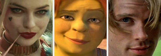 Side-by-side images of Margot Robbie as Harley Quinn, Princess Fiona from Shrek, and Westley from The Princess Bride