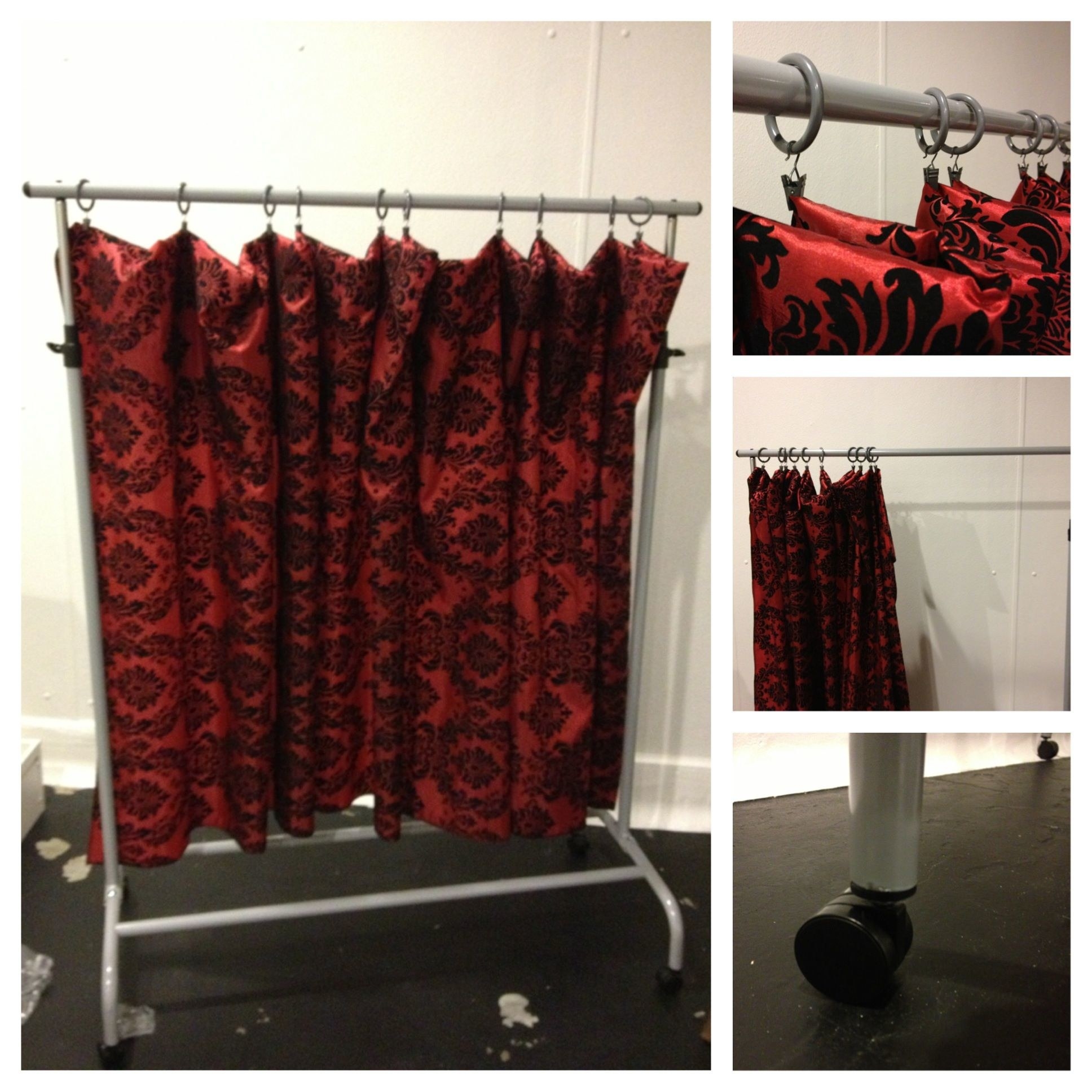 Collage of DIY room separator: red curtains hung on a rolling clothing rack from Ikea