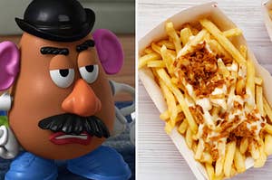 Mr. Potato Head on the left with a plate of cheese fries with bacon on the right