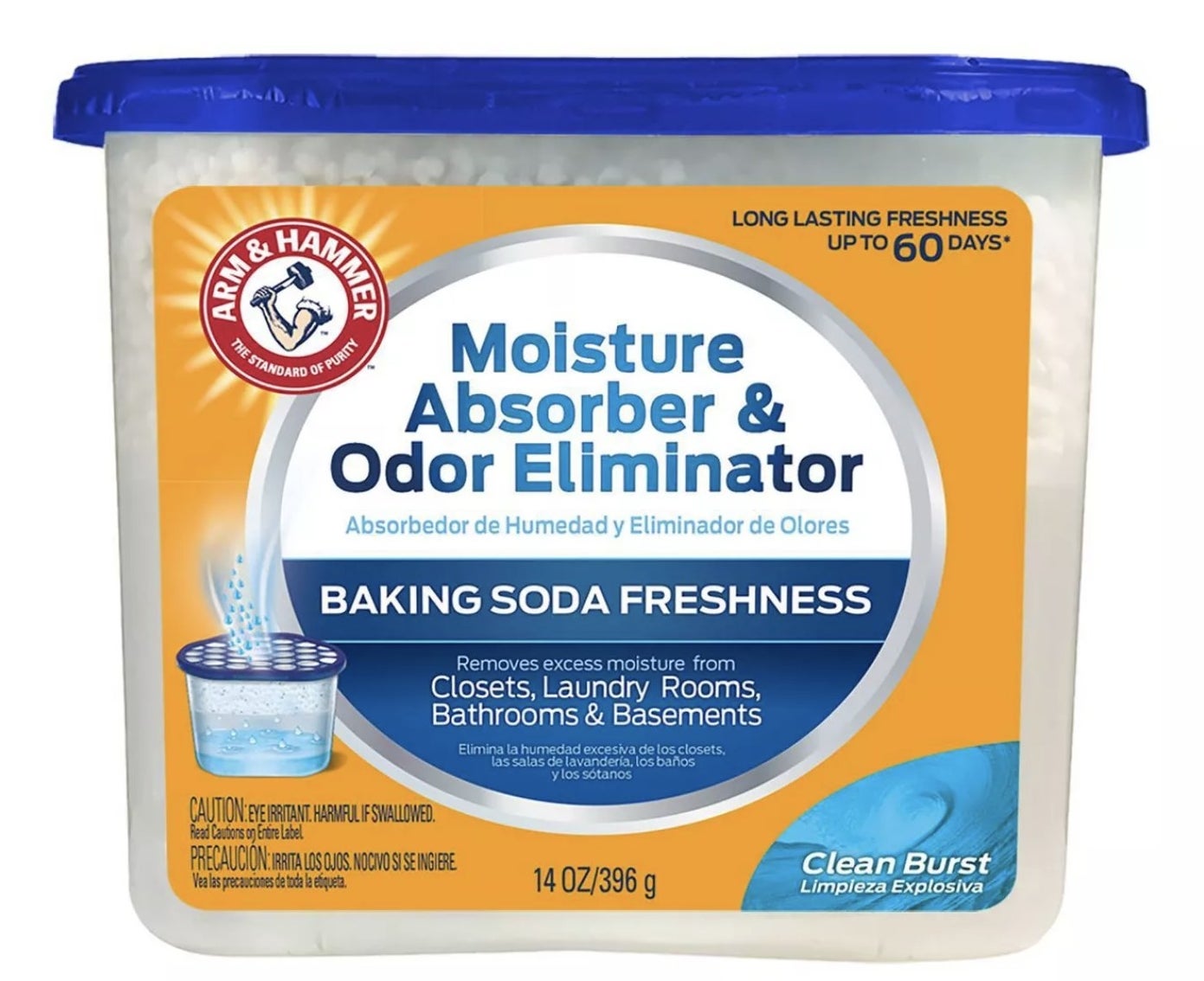 A 14-ounce container of Arm &amp;amp; Hammer Moisture Absorber &amp;amp; Odor Eliminator that removes excess moisture from closets, laundry rooms, bathrooms, and basements. It lasts for 60 days.