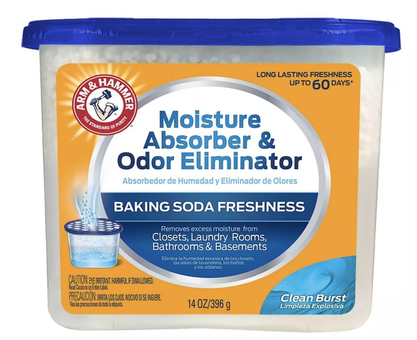 A 14-ounce container of Arm & Hammer Moisture Absorber & Odor Eliminator that removes excess moisture from closets, laundry rooms, bathrooms, and basements. It lasts for 60 days.