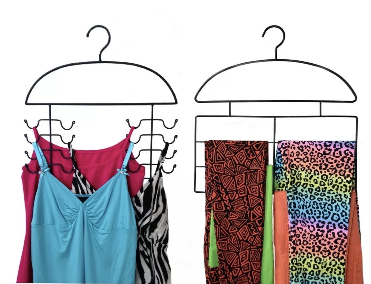 A hanger with two 8-ring trees on the ends that are holding three tank tops. A hanger with six slots for pants that are holding four pairs of leggings.