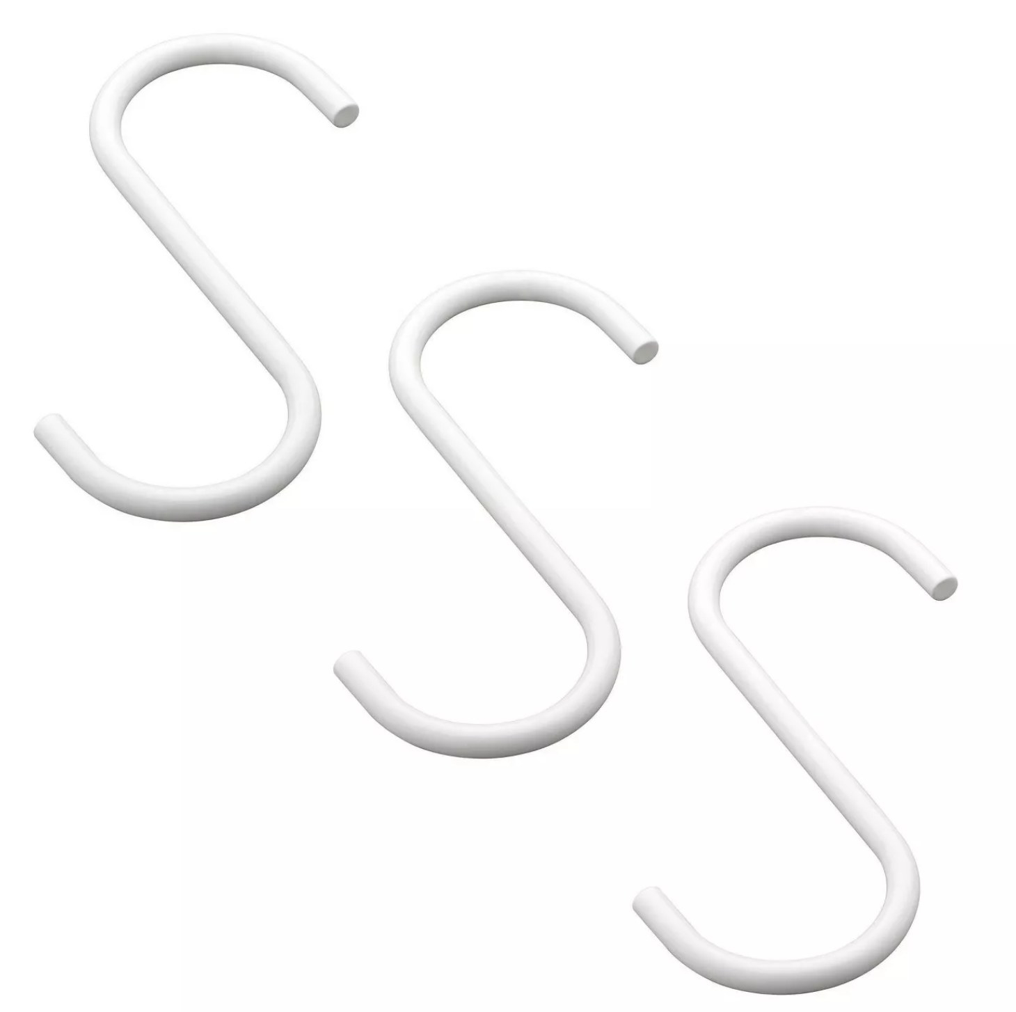 A set of three white s-hooks against a white background.