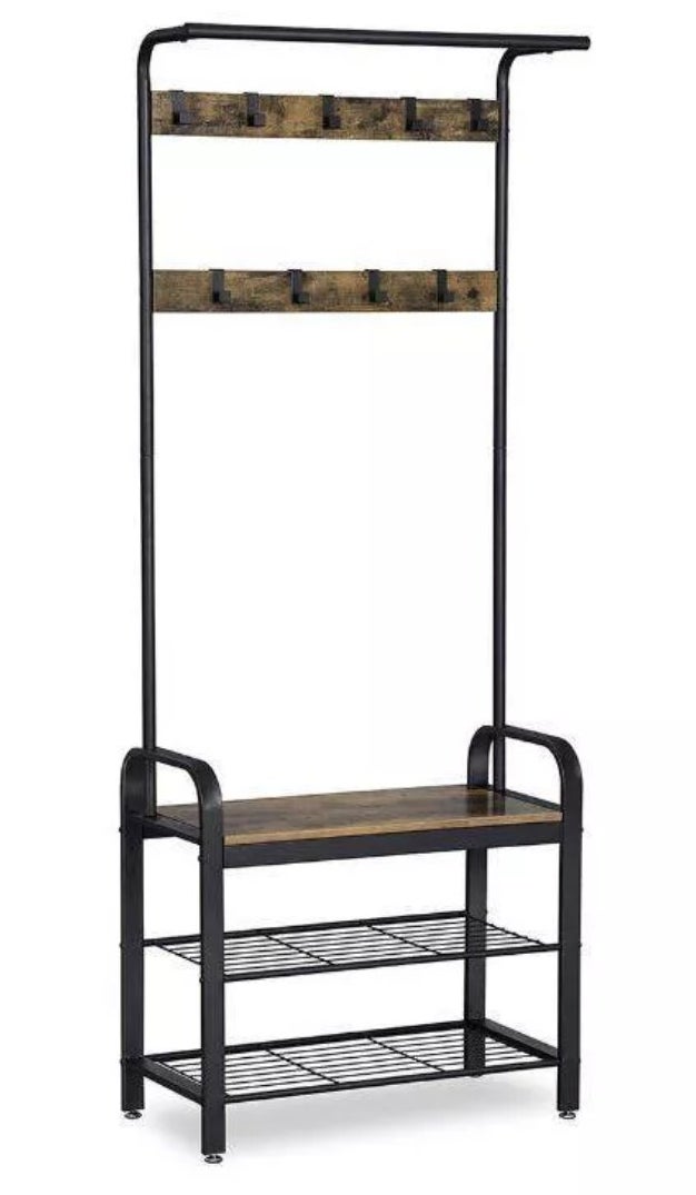 A coat rack with a wooden bench, two metal shelves, and nine hooks.