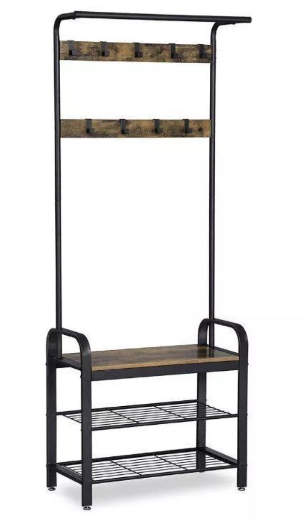 A coat rack with a wooden bench, two metal shelves, and nine hooks.