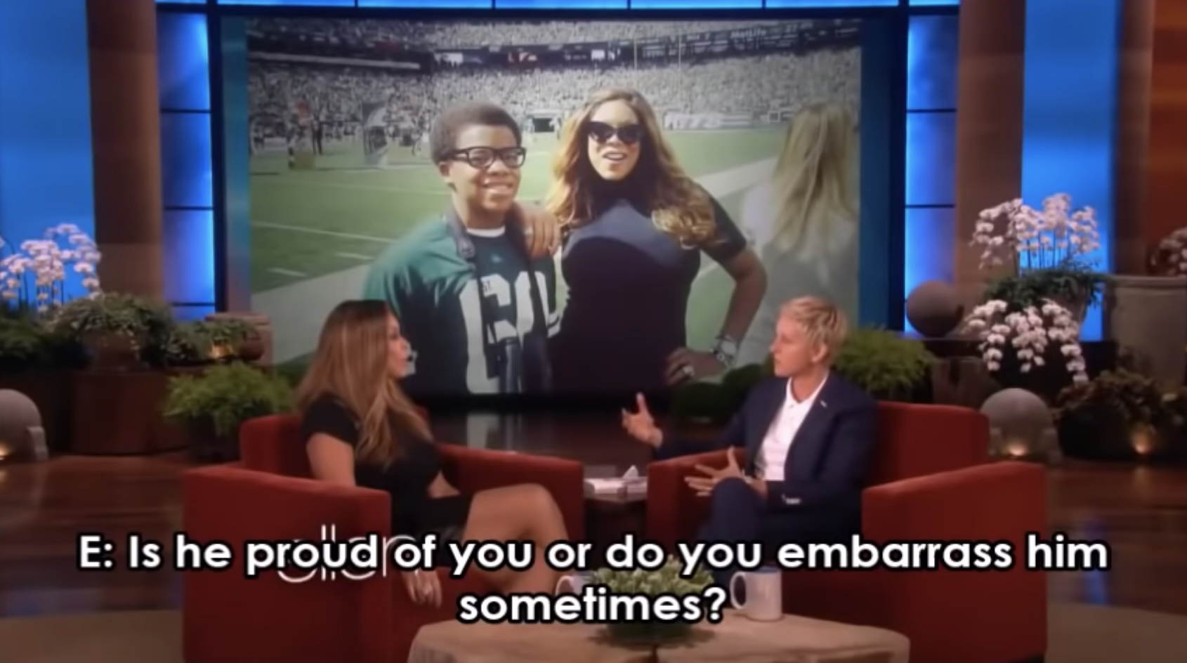 Ellen asking Wendy, &quot;Is [your son] proud of you or do you embarrass him sometimes?&quot;