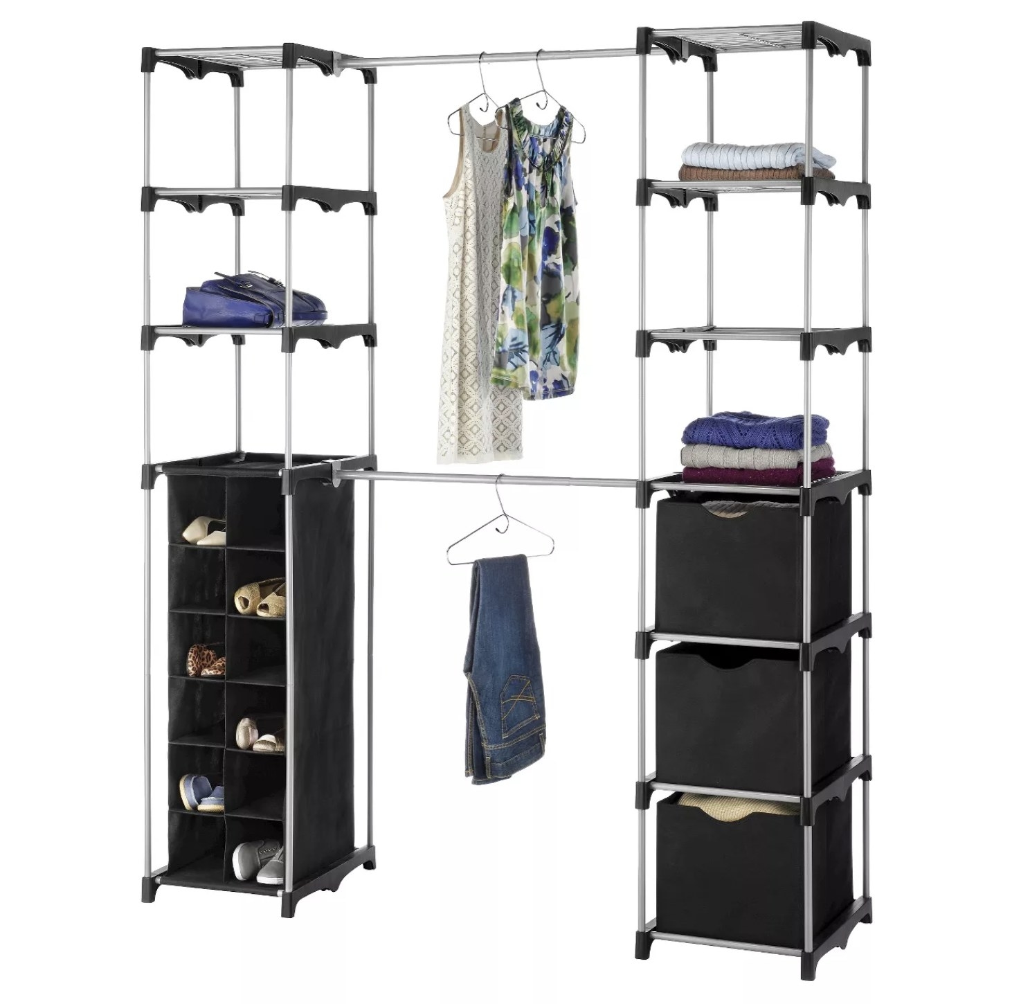 A free-standing closet organizer with a black, fabric organizer for 12 pairs of shoes, two closet rods, nine shelves, and three black fabric bins.