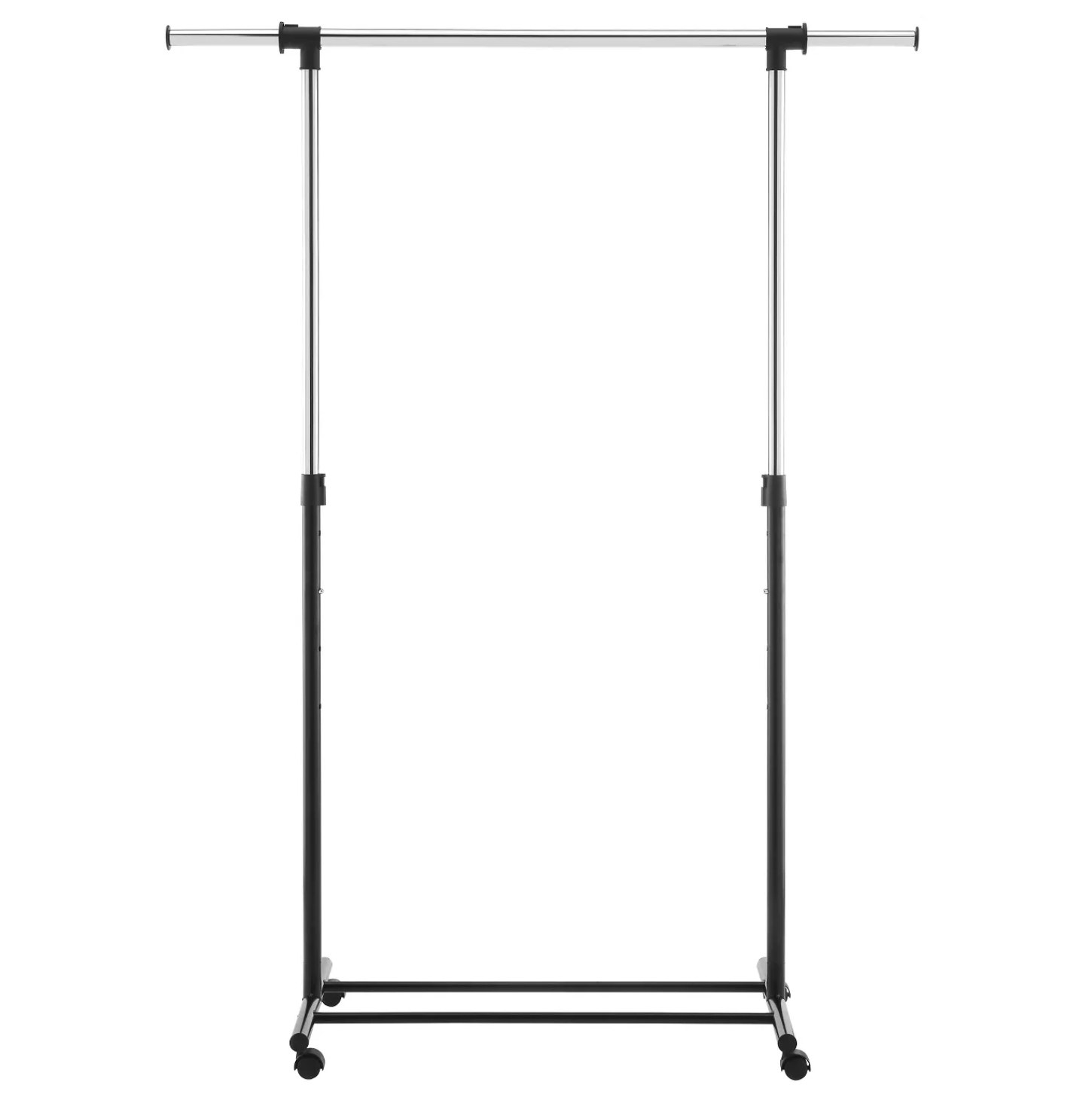 A black-and-steel, adjustable garment rack with caster wheels.
