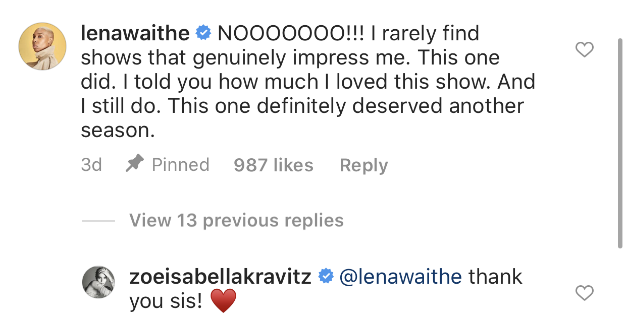 "NOOOO!!!! I rarely find shows that genuinely impress me. This one did. I told you how much I loved this show. And I still do. This one definitely deserved another season," Lena Waithe commented. Zoé replied, "Thank you sis!"