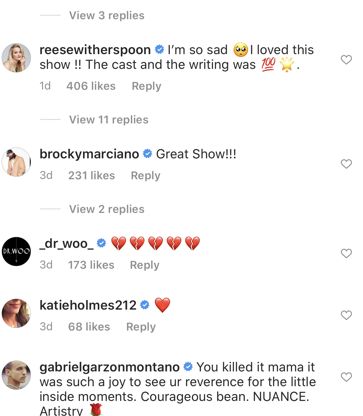 &quot;Boooo, damnit I loved it,&quot; commented by Jason Momoa and &quot;I&#x27;m so sad, I loved this show, the cast and writing was 100%&quot; commented by Reese Witherspoon