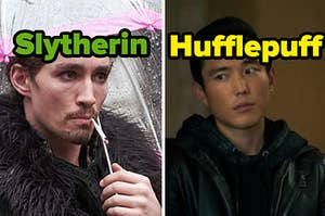 Klaus is on the left, labeled "Slytherin," and Ben is on the right, labeled "Hufflepuff"
