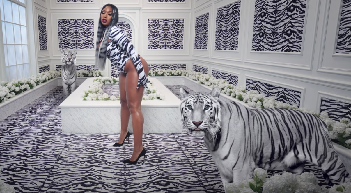 Megan Thee Stallion posando com tigres no clipe de "WAP"