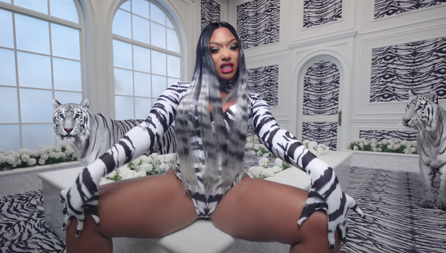 Megan Thee Stallion posing with tigers, which were included in the &quot;WAP&quot; video via green screen 