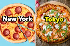 Pepperoni pizza labeled, "New York" on the left, with a buffalo pizza labeled, "Tokyo" on the right