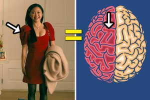 Lara Jean is wearing a short sleeve dress with an arrow pointing at the shoulders and an arrow on the left side of a brain photo