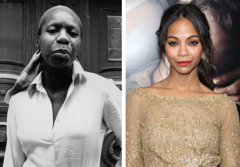 Black and white photo of Nina Simone smirking at a camera in 1960s next to a photo of Zoe Saldana smiling on a red carpet