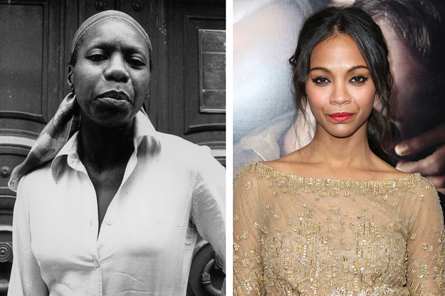 Black and white photo of Nina Simone smirking at the camera / Zoe Saldana posing on a red carpet