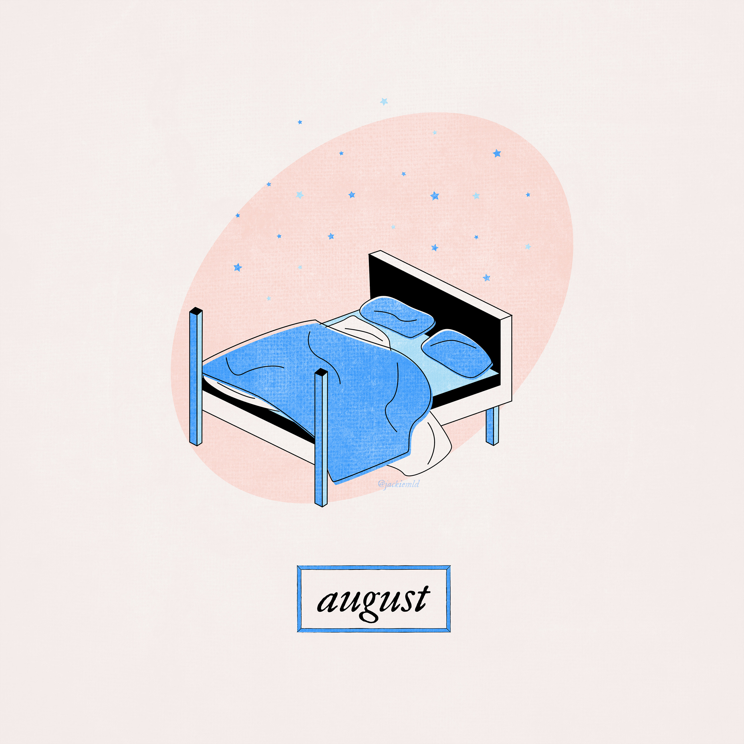 An unmade bed with tiny stars swirling around it