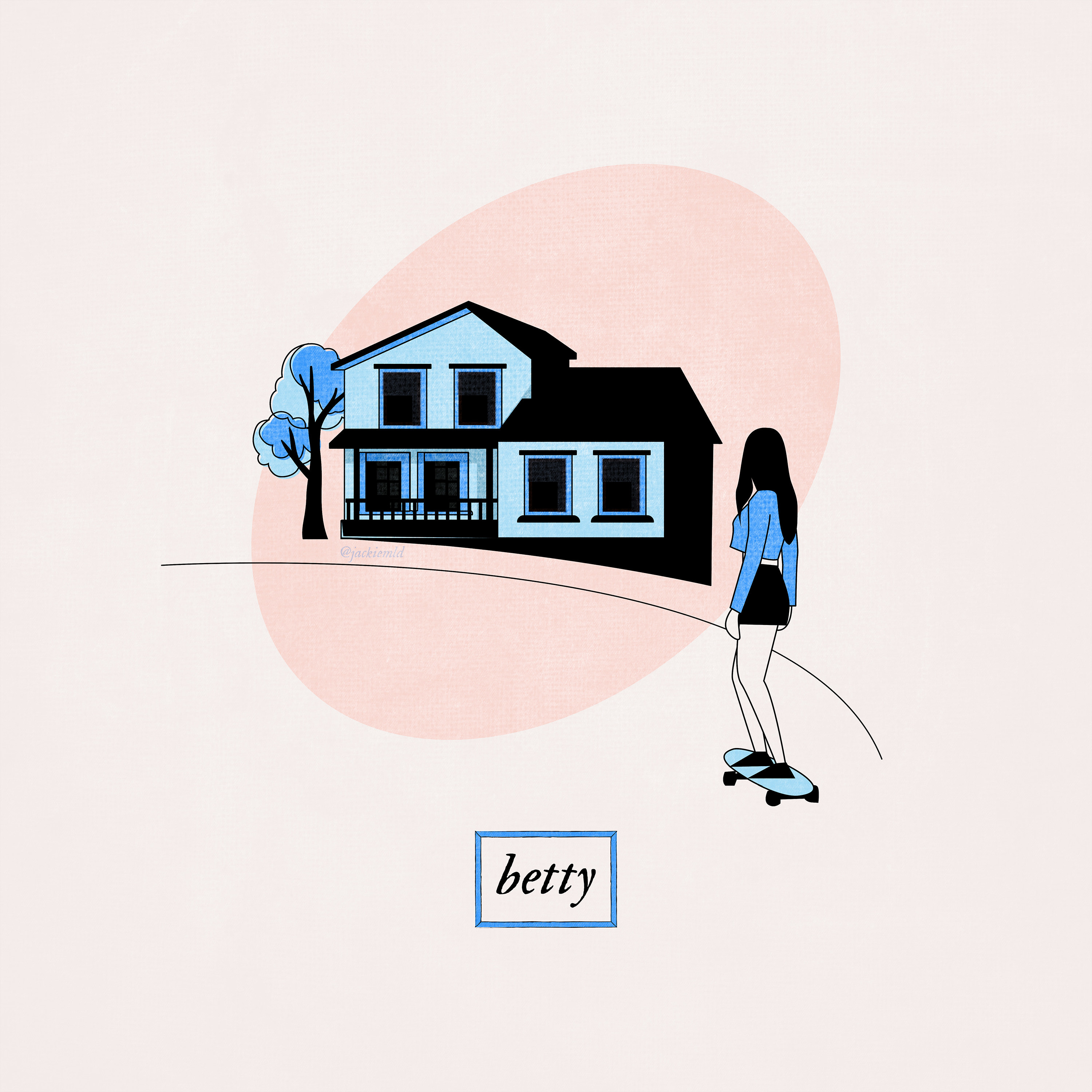 a suburban house with a girl skateboarding in front of it