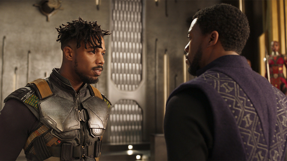 Chadwick Boseman (T&#x27;Challa) and Michael B. Jordan (Erik Killmonger) in a scene from &quot;Black Panther&quot;