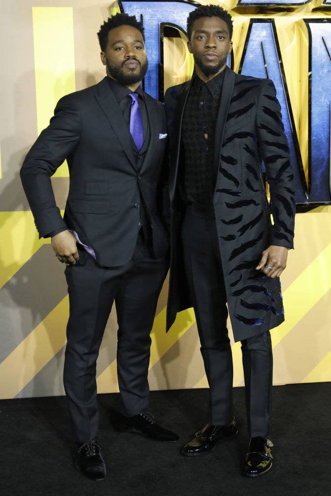 Ryan Coogler and Chadwick Boseman posing together at the London premiere of &quot;Black Panther&quot;