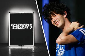 The 1975's first album cover featuring a neon sign of the band's door and their name next to an image of singer Matt Healy performing live and smiling as he grabs the back of his neck